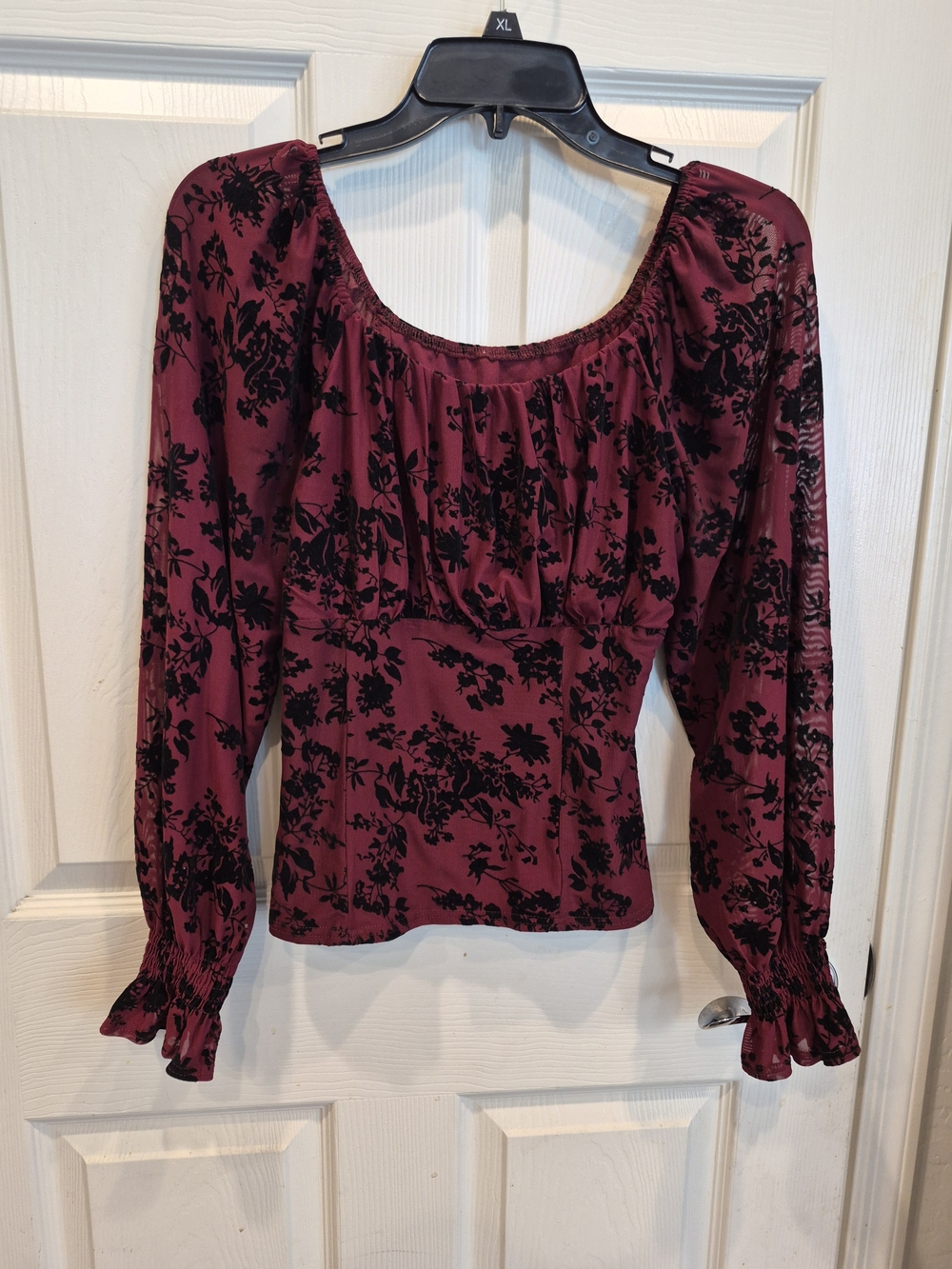 Women's Burgundy Floral Smocked Waist Blouse